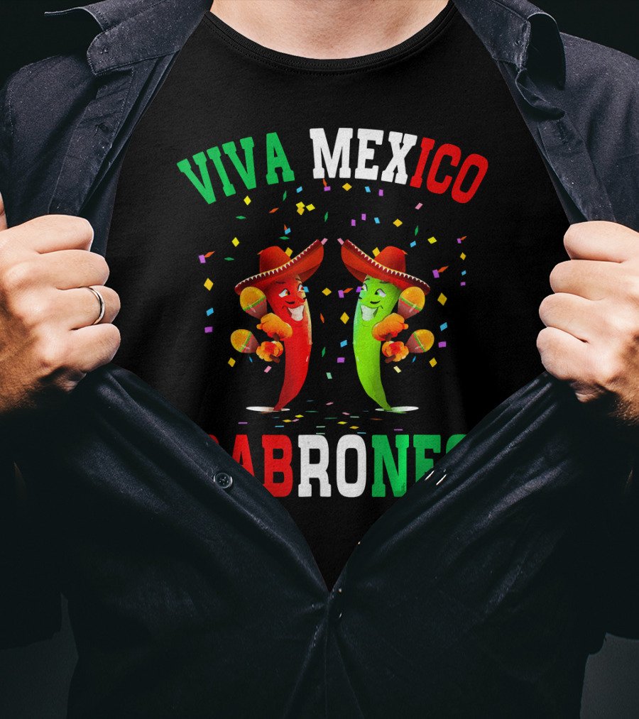Viva Mexico Cabrones Red Green Chili Peppers Sombreros Confetti T-Shirt