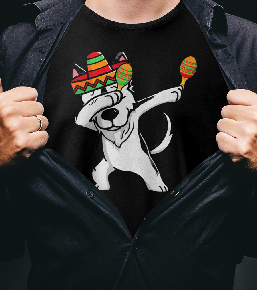 Dabbing Husky With Sombrero And Maracas Funny Cinco De Mayo T-Shirt