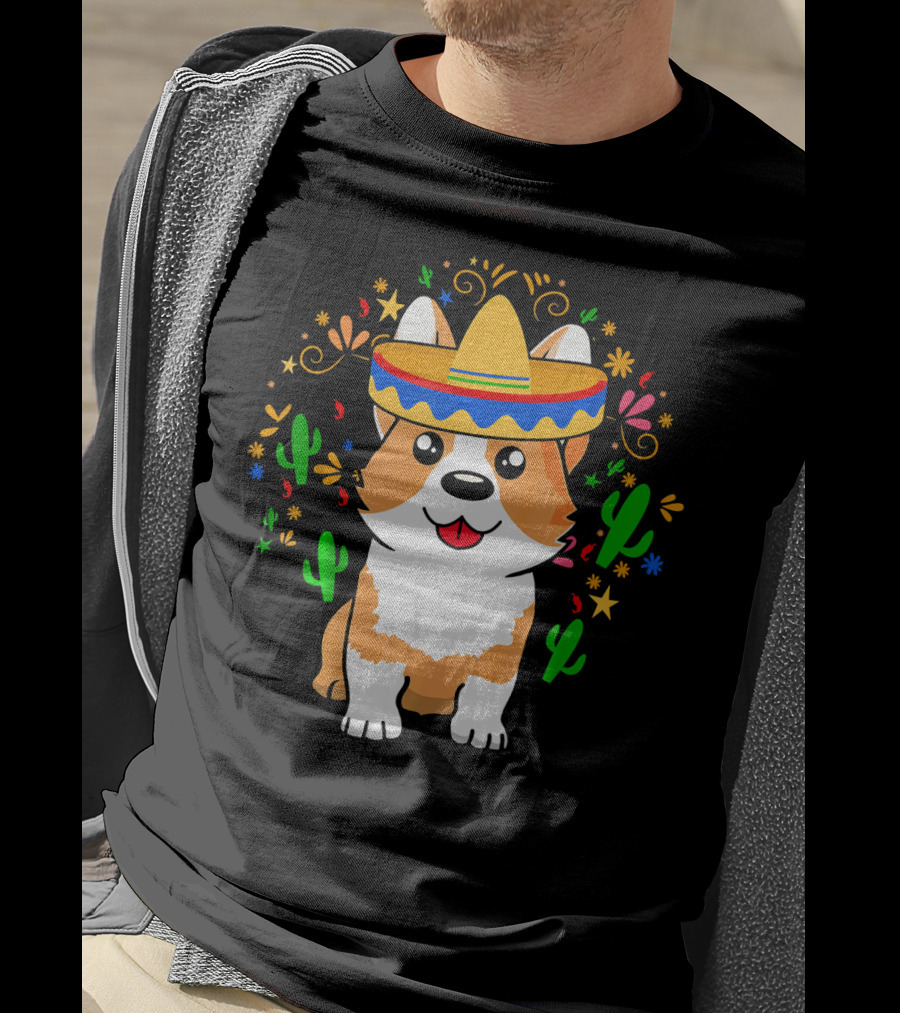 Cinco De Mayo Corgi Dog With Sombrero And Cacti T-Shirt