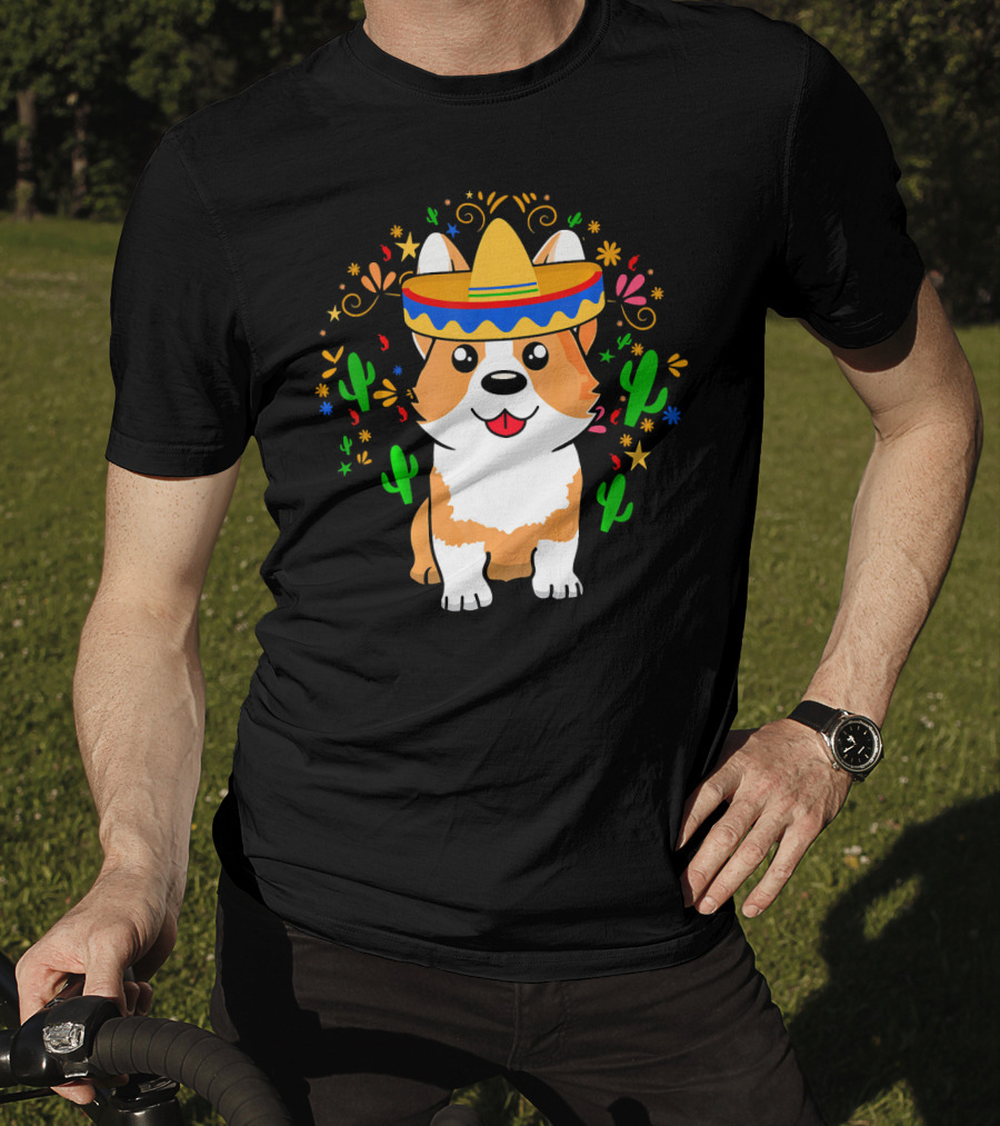Cinco De Mayo Corgi Dog With Sombrero And Cacti T-Shirt