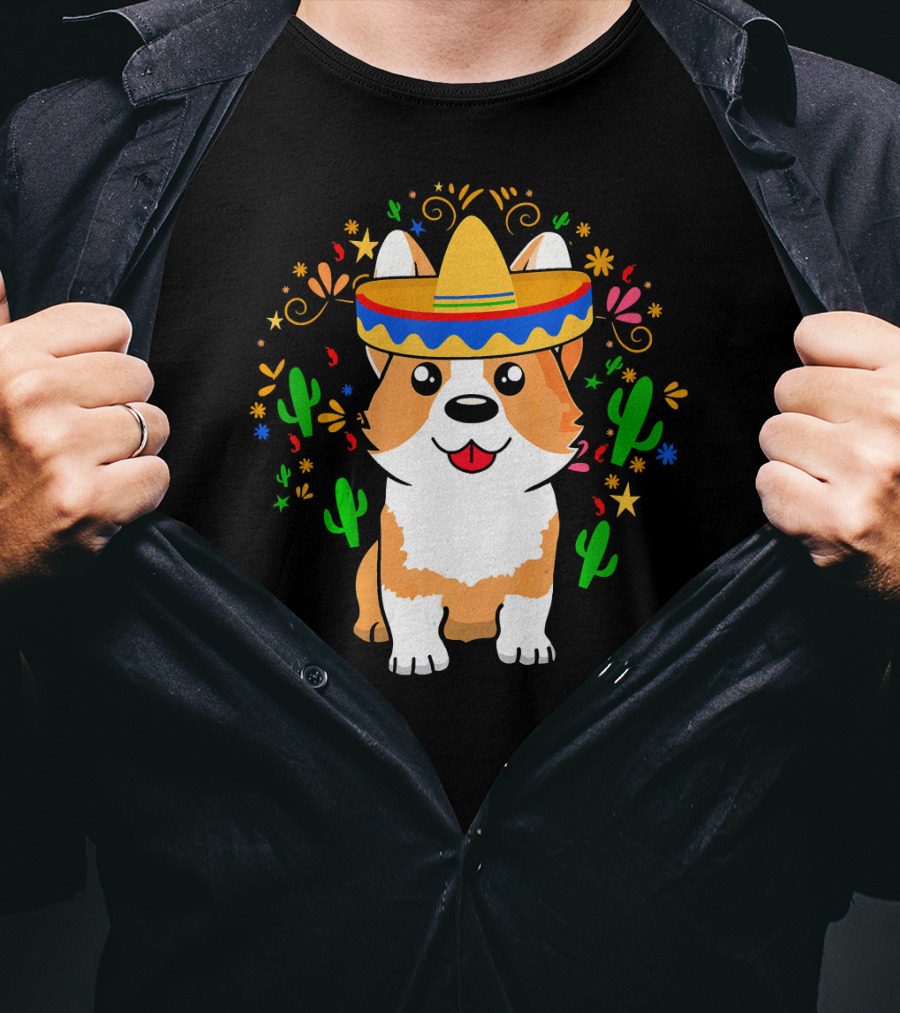 Cinco De Mayo Corgi Dog With Sombrero And Cacti T-Shirt