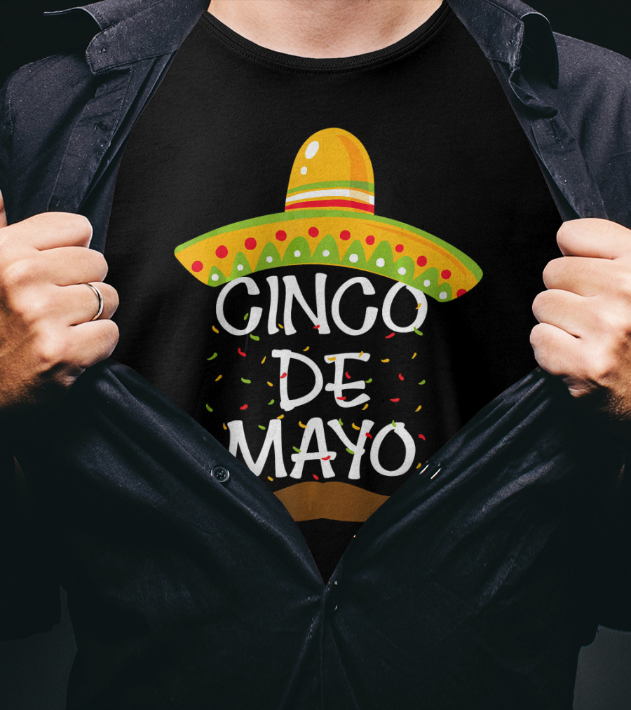 Cinco De Mayo Sombrero Celebration With Mustache And Confetti T-Shirt
