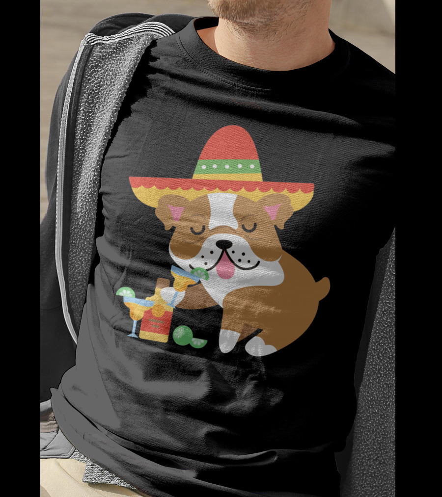Bulldog Margarita Funny Mexican Sombrero Dog Cinc Party T-Shirt