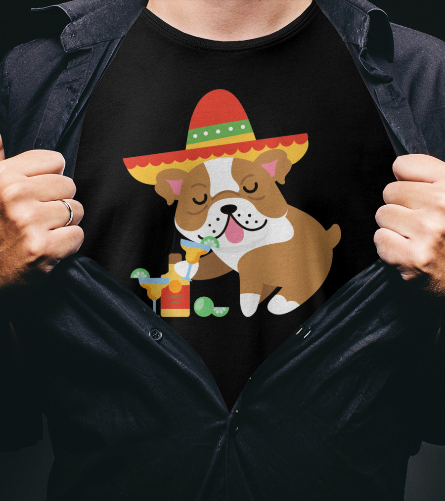 Bulldog Margarita Funny Mexican Sombrero Dog Cinc Party T-Shirt