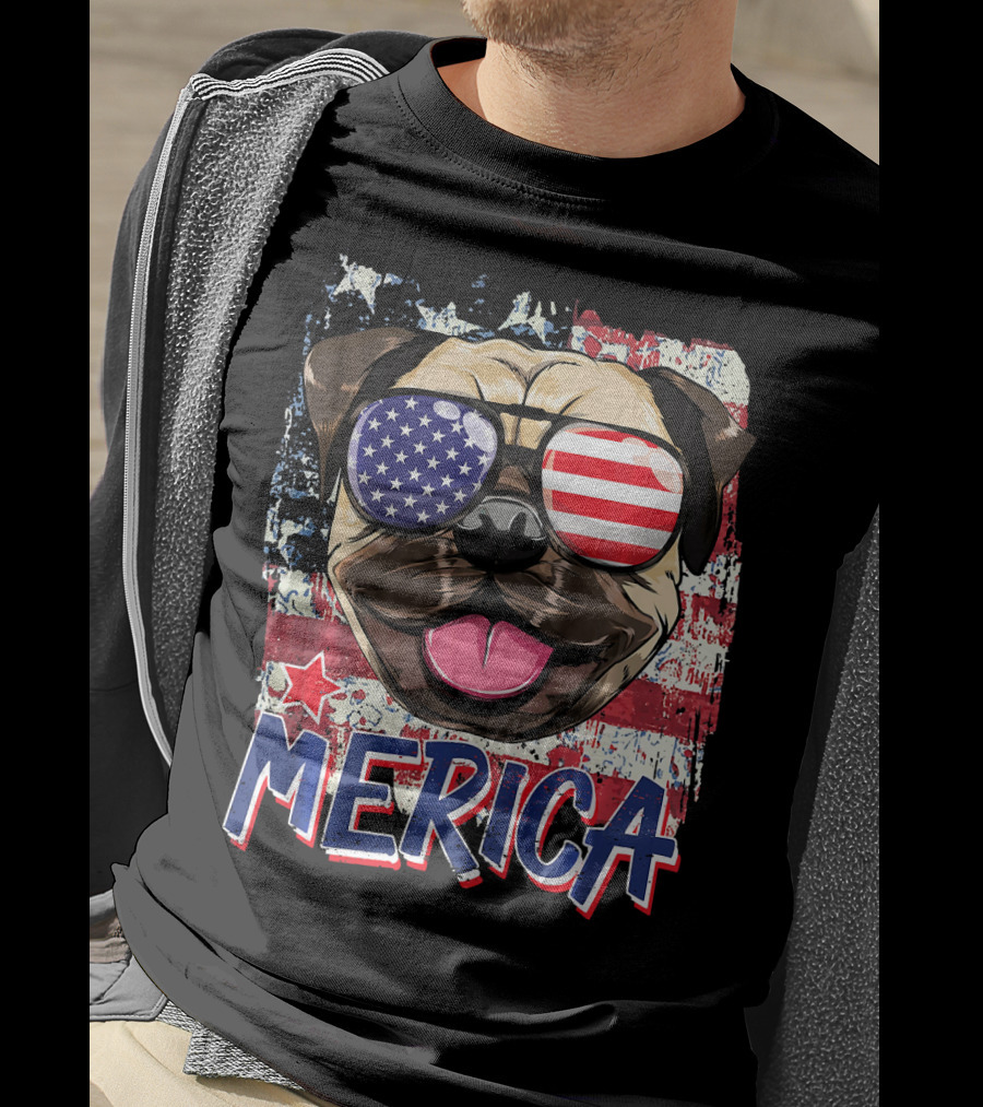 American Flag Pug Dog Merica Sunglasses USA T-Shirt