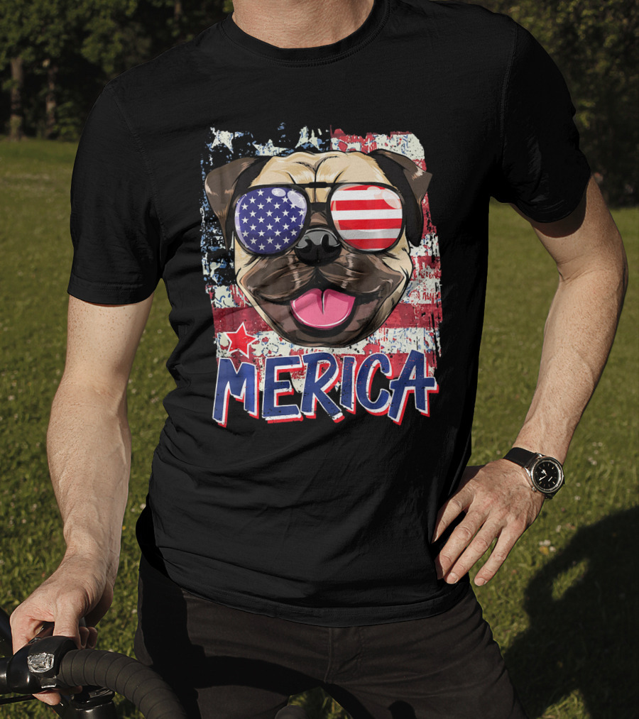 American Flag Pug Dog Merica Sunglasses USA T-Shirt