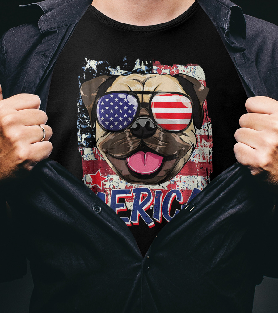 American Flag Pug Dog Merica Sunglasses USA T-Shirt