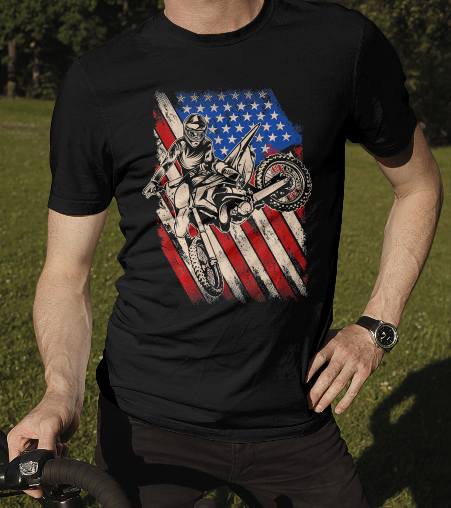 Vintage Dirt Bike Motocross With American Flag Background T-Shirt