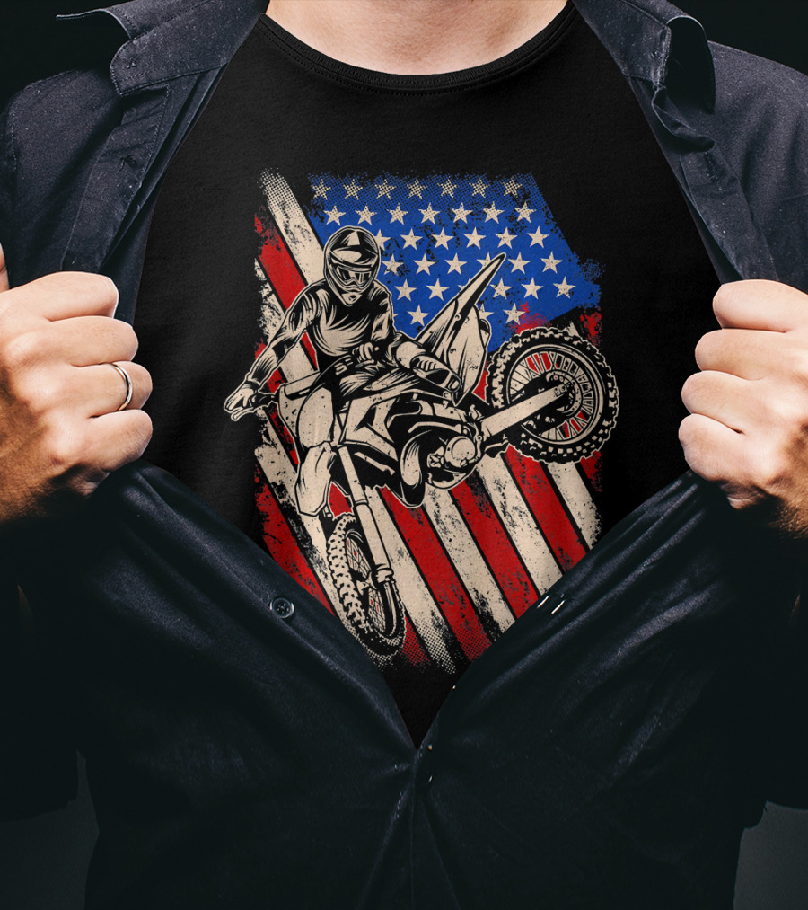 Vintage Dirt Bike Motocross With American Flag Background T-Shirt