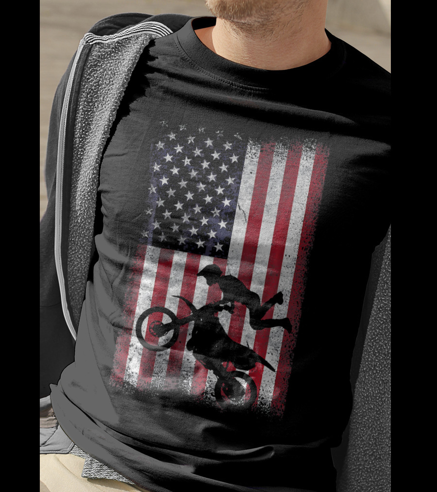 American Flag Motocross Rider Silhouette Patriotic USA T-Shirt