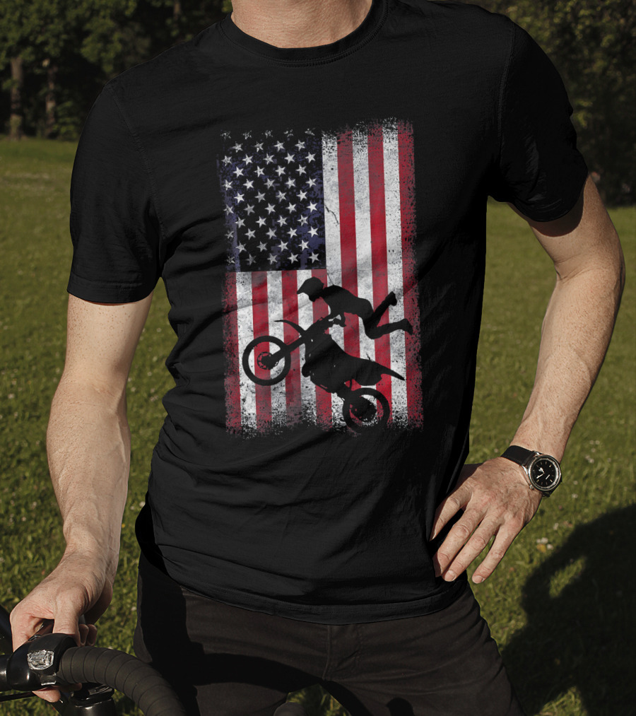 American Flag Motocross Rider Silhouette Patriotic USA T-Shirt
