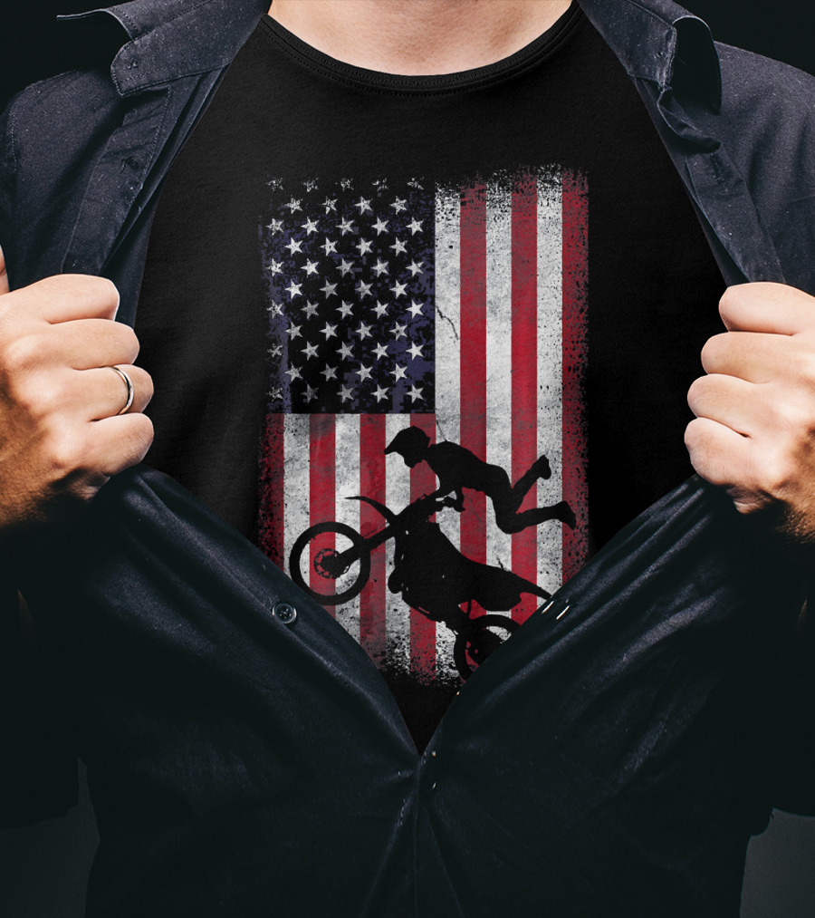 American Flag Motocross Rider Silhouette Patriotic USA T-Shirt