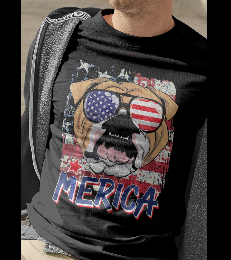 Merica Bulldog With American Flag Sunglasses T-Shirt