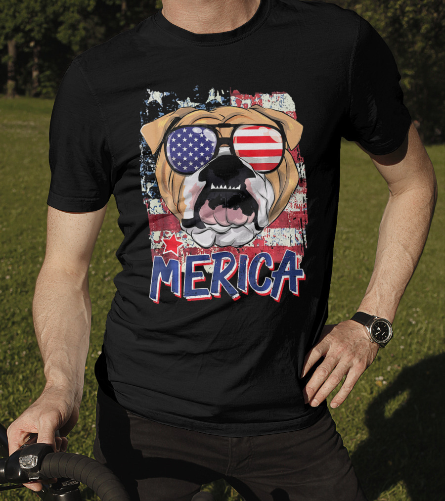 Merica Bulldog With American Flag Sunglasses T-Shirt