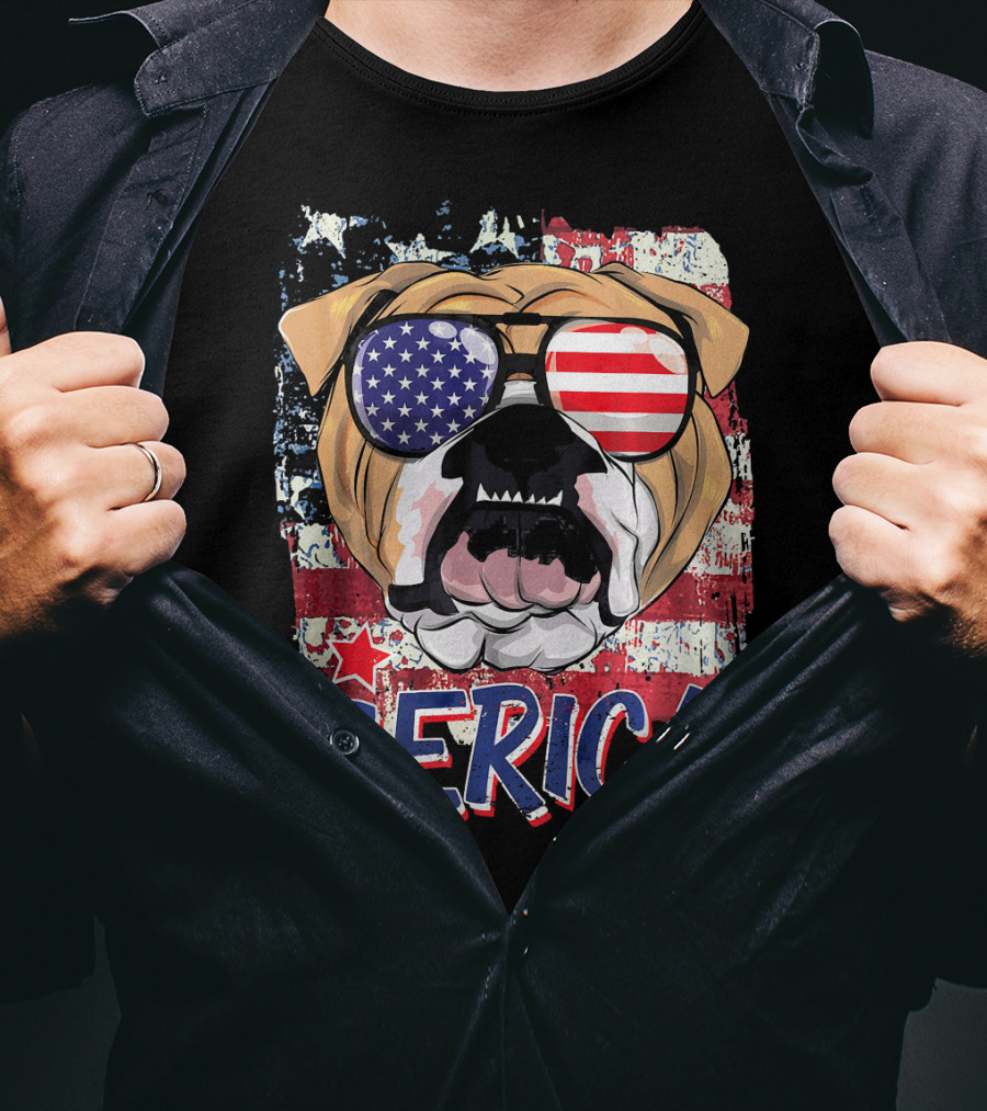 Merica Bulldog With American Flag Sunglasses T-Shirt