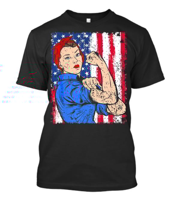 Rosie The Riveter Feminist Patriotic USA American Flag Iconic Empowerment T-Shirt