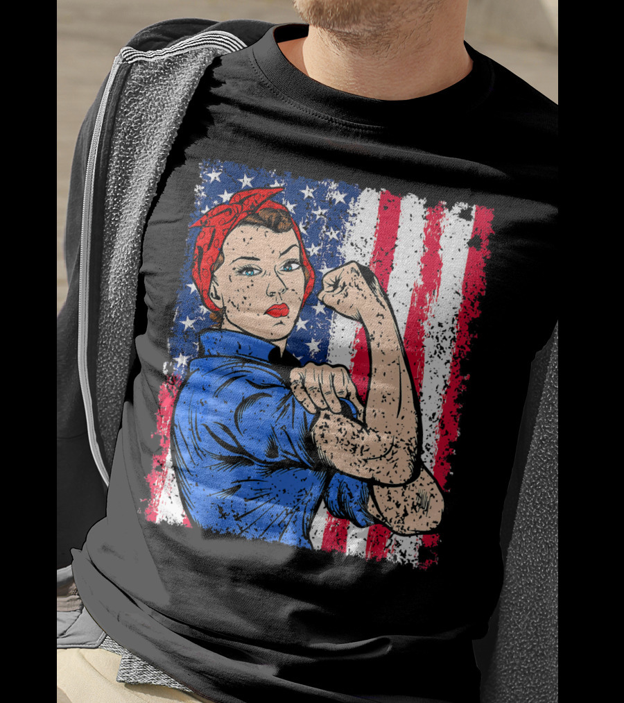 Rosie The Riveter Feminist Patriotic USA American Flag Iconic Empowerment T-Shirt
