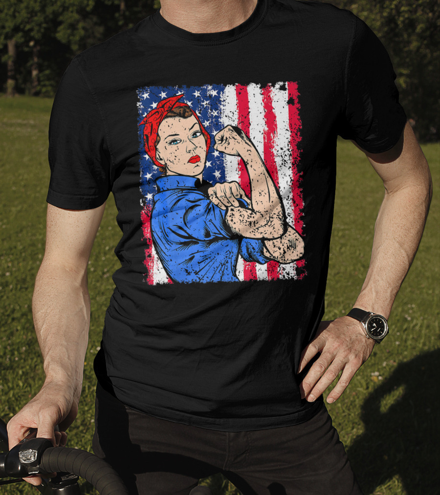 Rosie The Riveter Feminist Patriotic USA American Flag Iconic Empowerment T-Shirt