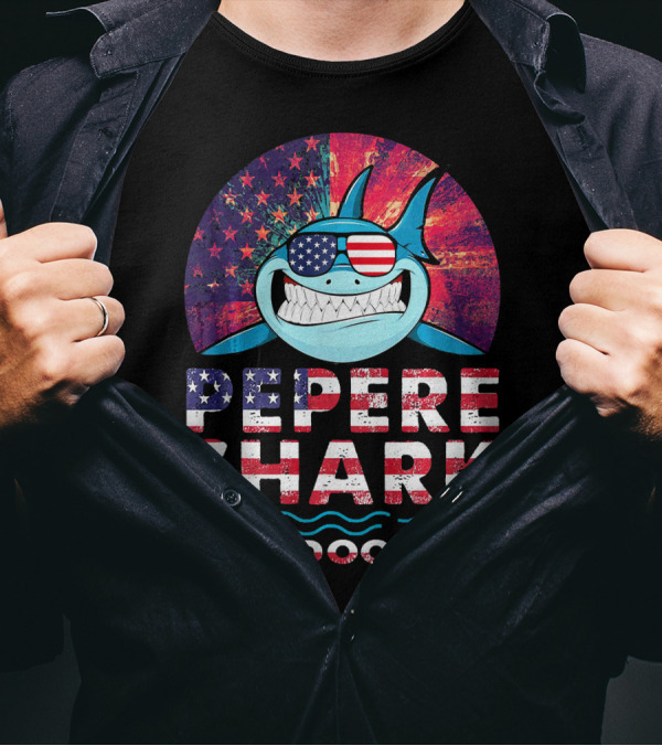 Pepere Shark Doo Doo Doo American Flag Sunglasses T-Shirt