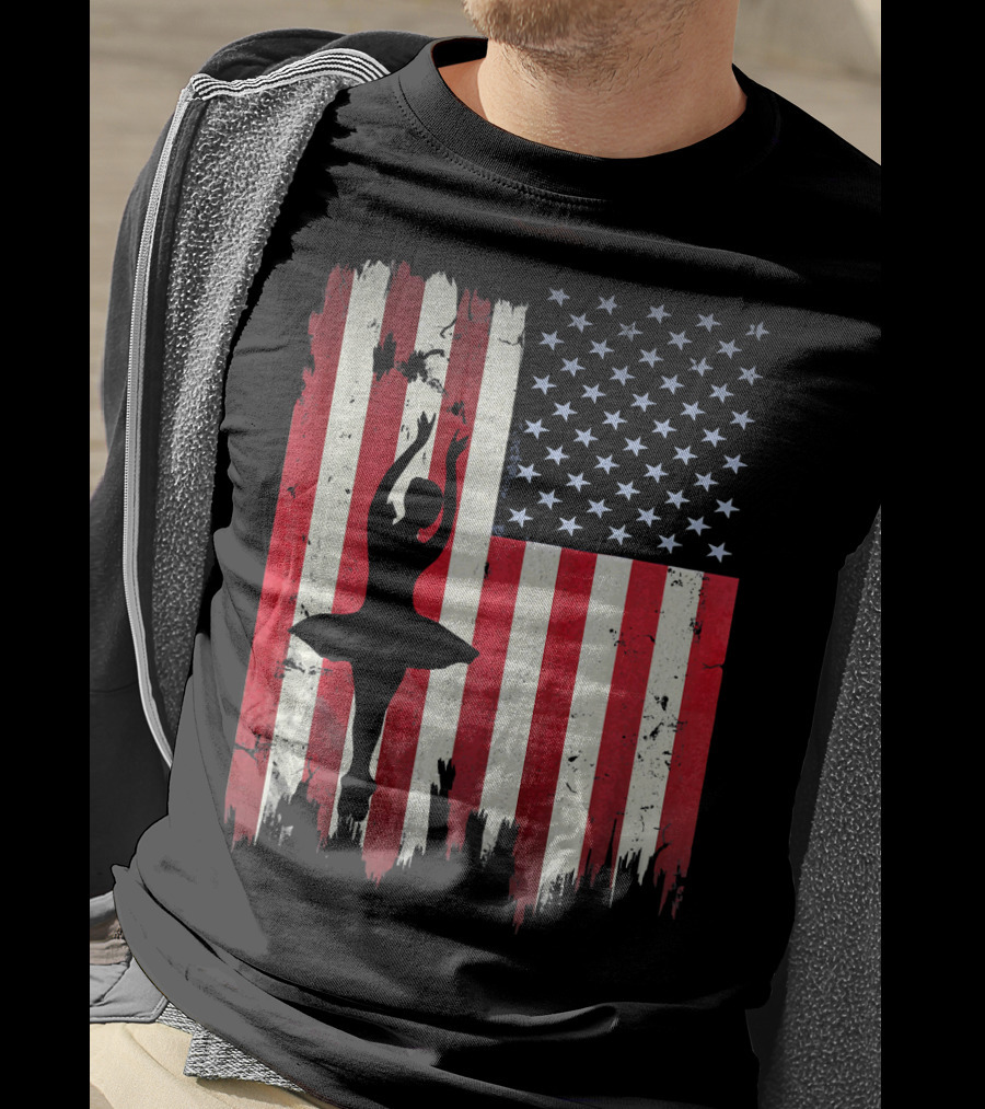 Ballerina Silhouette With American Flag Ballet USA T-Shirt