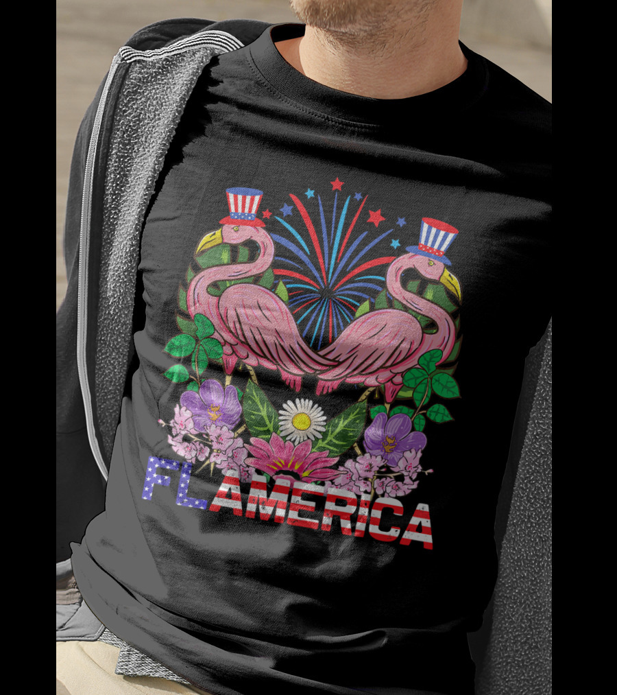 Flamerica Flamingo Fireworks Uncle Sam Hat Botanical T-Shirt