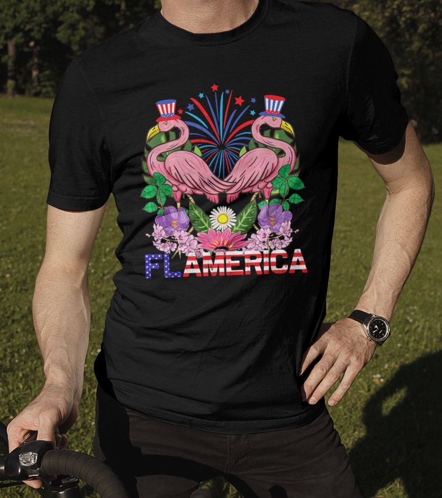 Flamerica Flamingo Fireworks Uncle Sam Hat Botanical T-Shirt