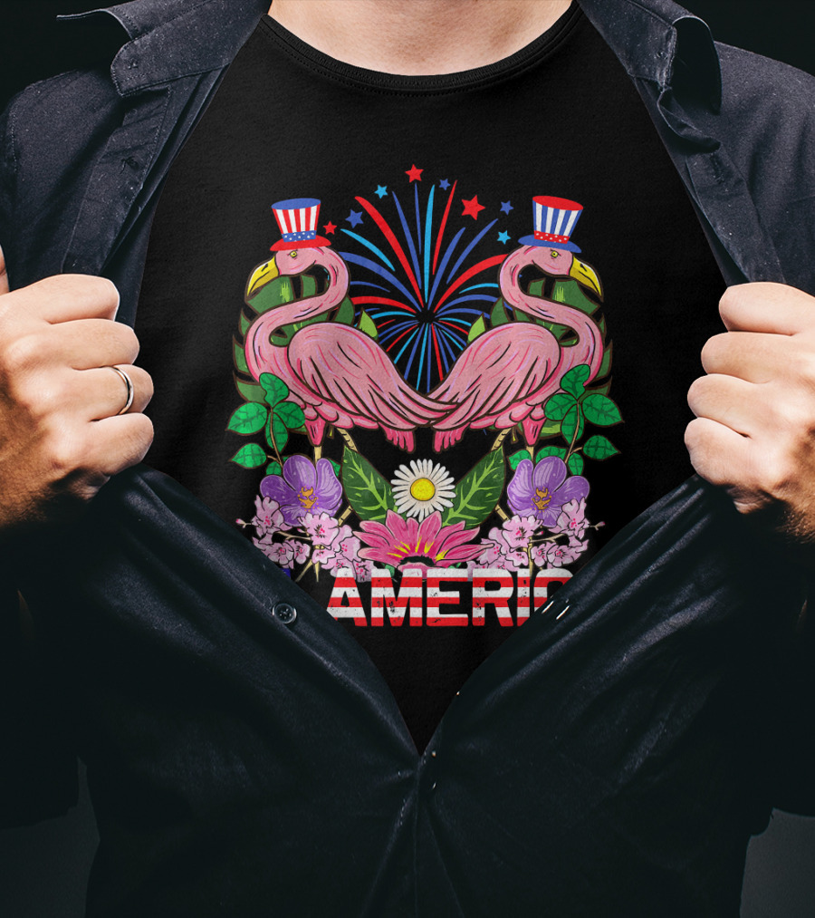 Flamerica Flamingo Fireworks Uncle Sam Hat Botanical T-Shirt