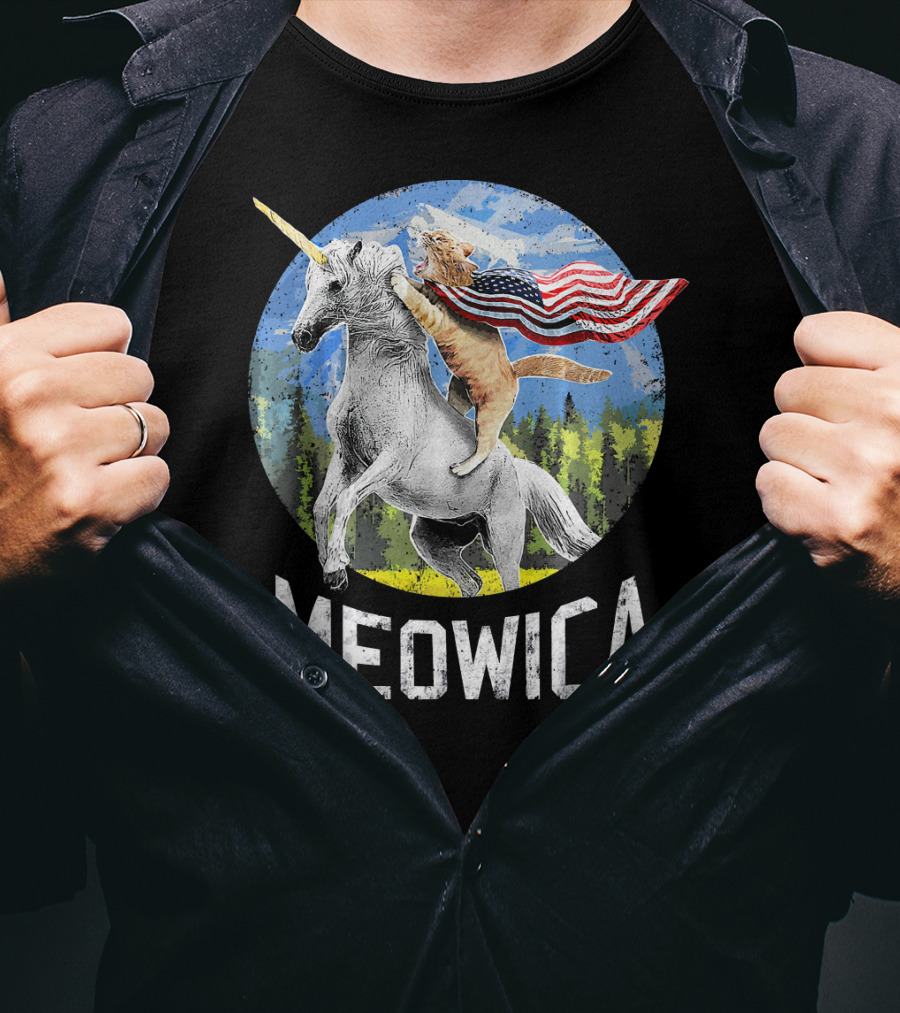 Meowica Cat Riding Unicorn With American Flag T-Shirt