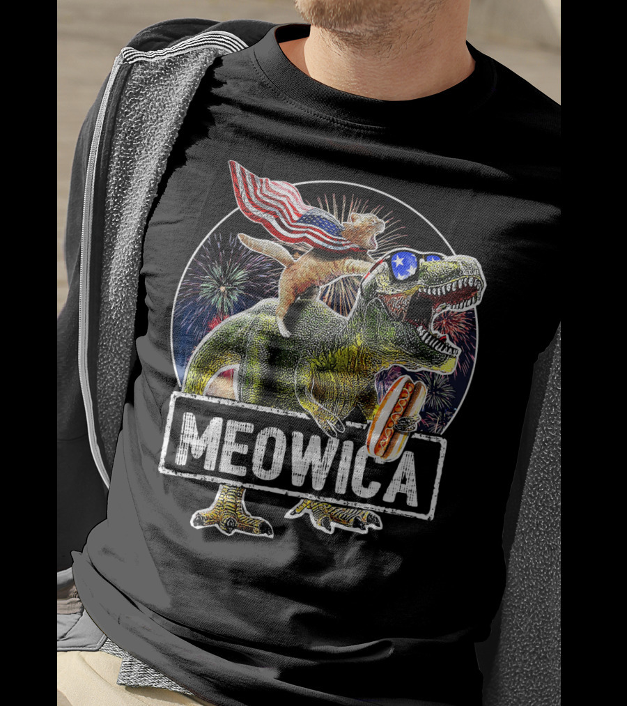Meowica Cat With American Flag Riding T-Rex Holding Hot Dog T-Shirt