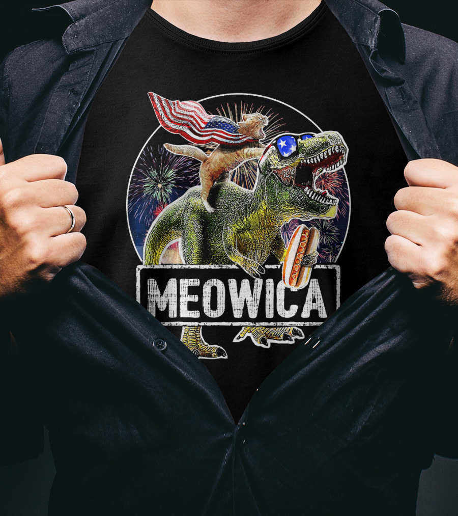 Meowica Cat With American Flag Riding T-Rex Holding Hot Dog T-Shirt