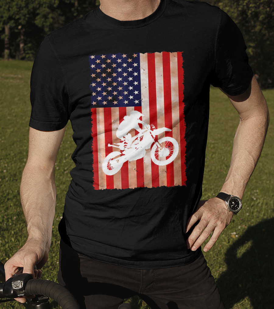 Dirt Bike Motocross American Flag Patriotic Ride USA T-Shirt