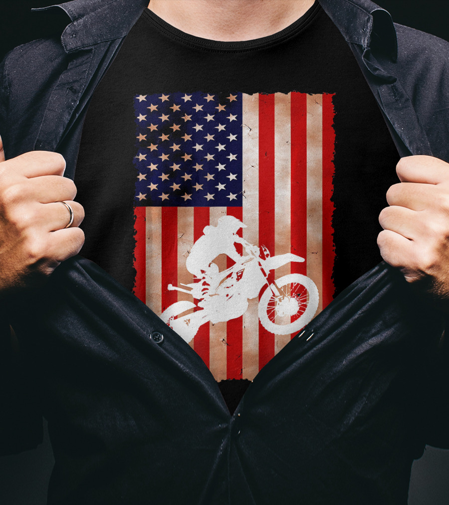 Dirt Bike Motocross American Flag Patriotic Ride USA T-Shirt