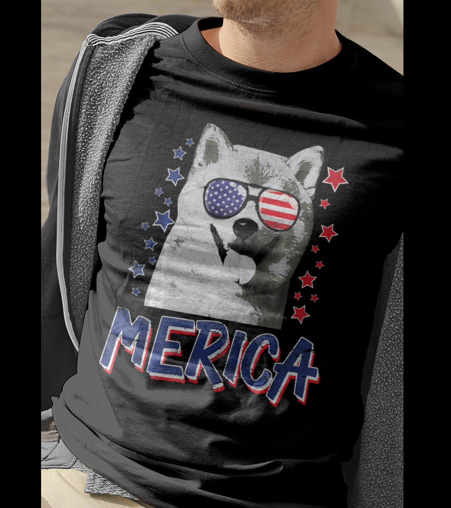 Merica Shiba Inu Dog Patriotic USA Stars And Stripes Sunglasses T-Shirt