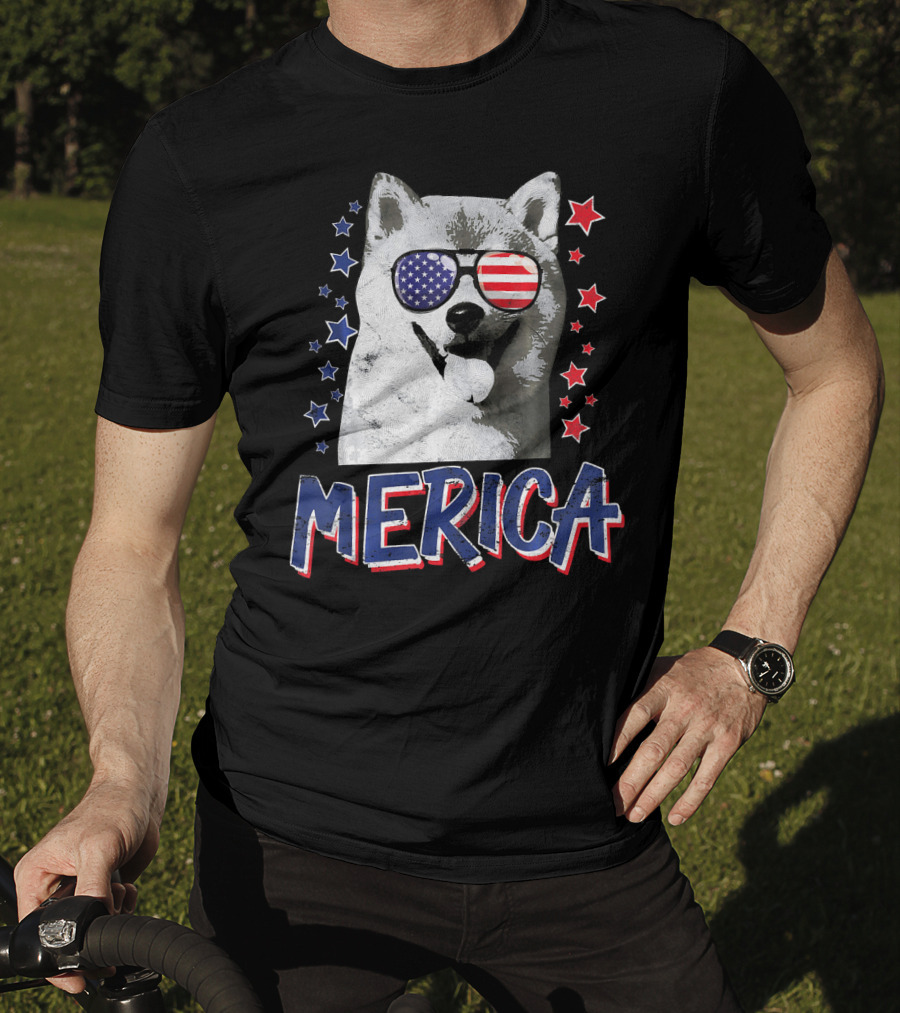 Merica Shiba Inu Dog Patriotic USA Stars And Stripes Sunglasses T-Shirt