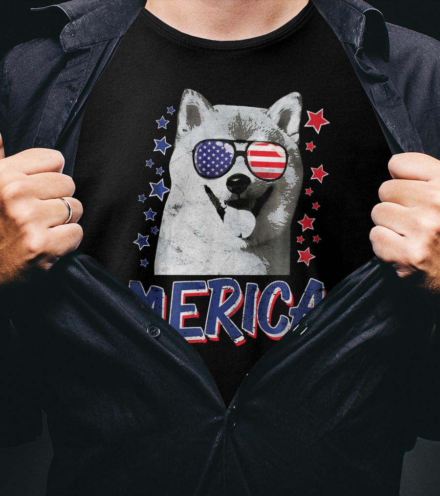 Merica Shiba Inu Dog Patriotic USA Stars And Stripes Sunglasses T-Shirt