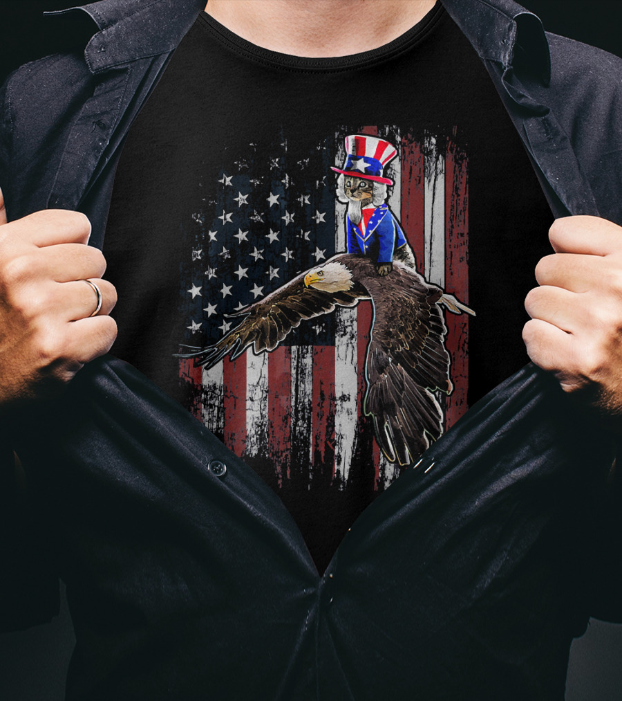 Uncle Sam Costume Cat Riding Bald Eagle On American Flag Background T-Shirt