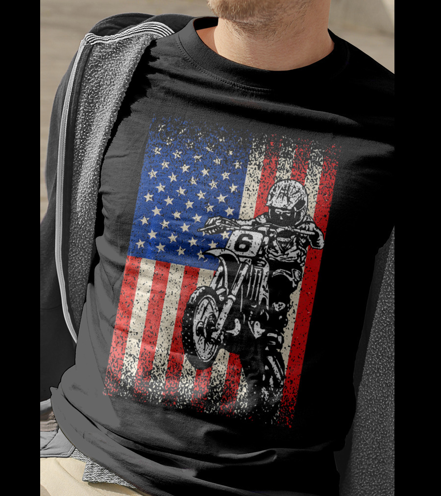 Dirt Bike American Flag Motocross Biker Number 6 T-Shirt