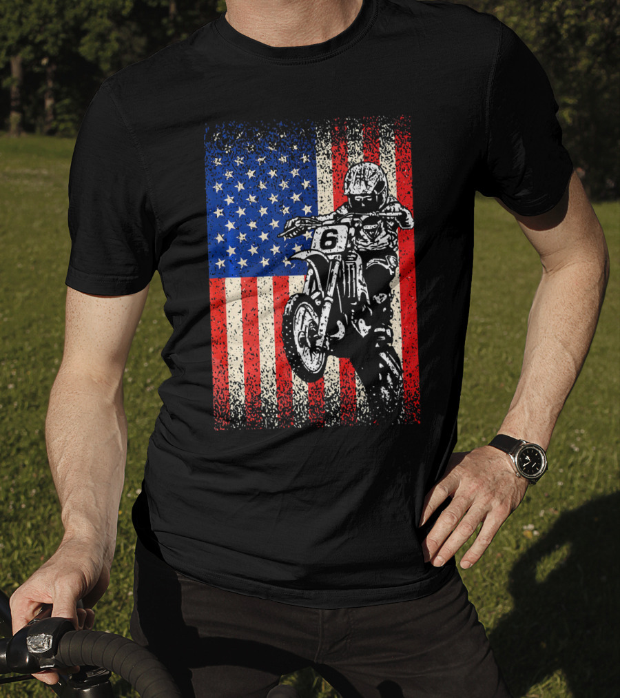 Dirt Bike American Flag Motocross Biker Number 6 T-Shirt