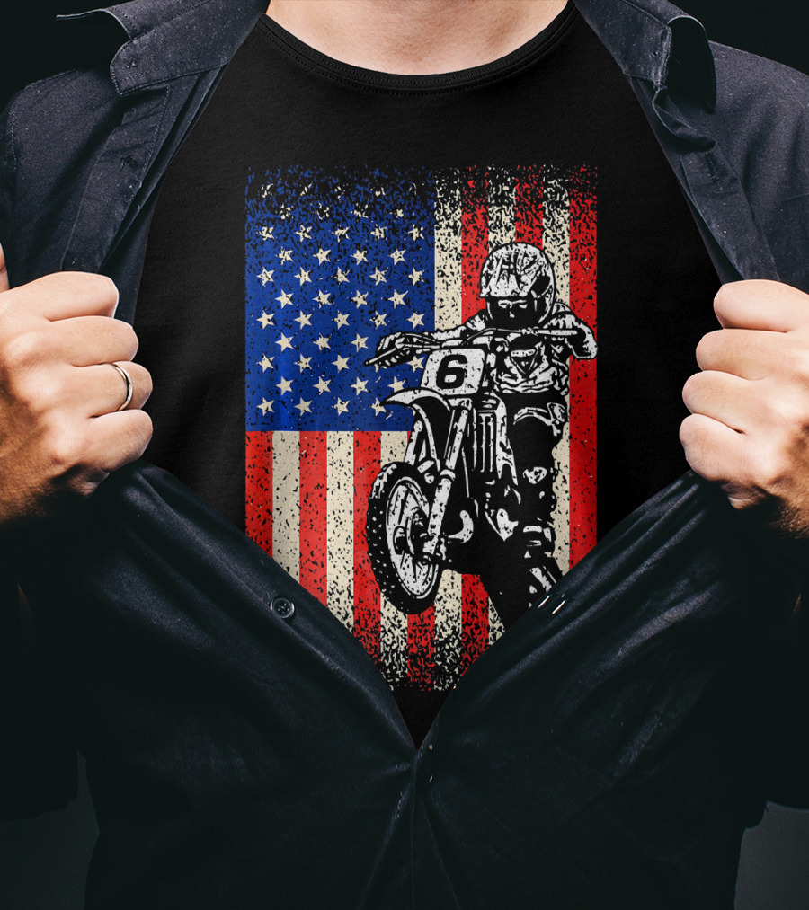 Dirt Bike American Flag Motocross Biker Number 6 T-Shirt
