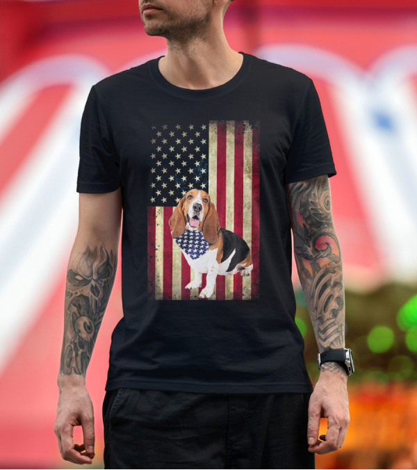 Premium T-Shirt: Basset Hounds Patriotic Dog Bandana American Flag 4th of July T-Shirt Basset Hounds Patriotic Dog Bandana American Flag 4th of July T-Shirt