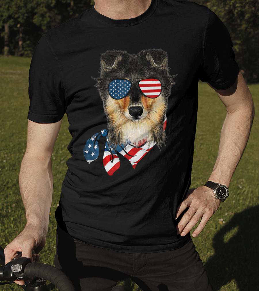 Sheltie Dog With American Flag Sunglasses And Bandana Patriotic T-Shirt