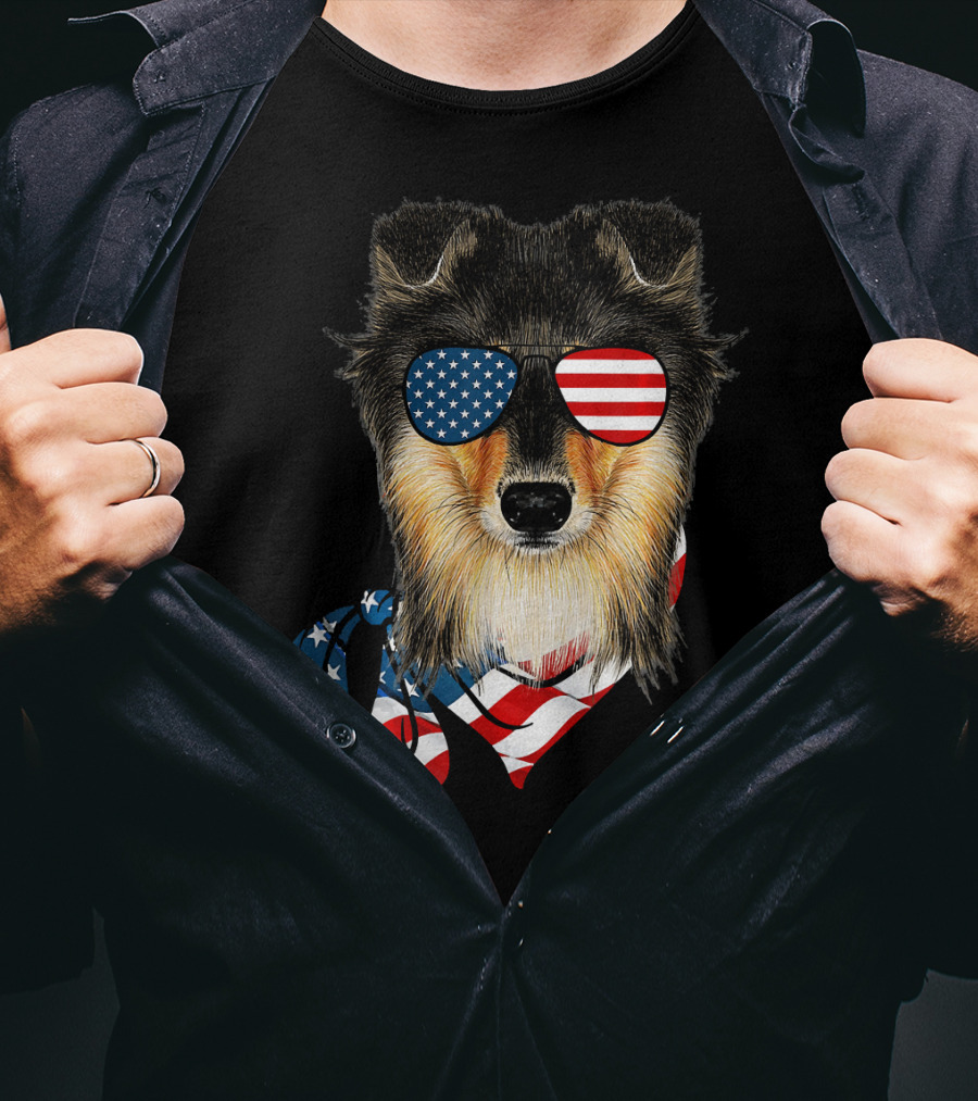 Sheltie Dog With American Flag Sunglasses And Bandana Patriotic T-Shirt