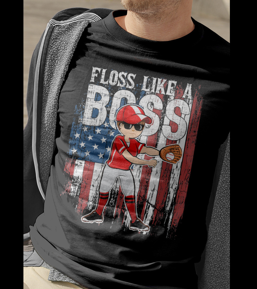 Floss Like A Boss American Baseball Spirit With Flag Background T-Shirt