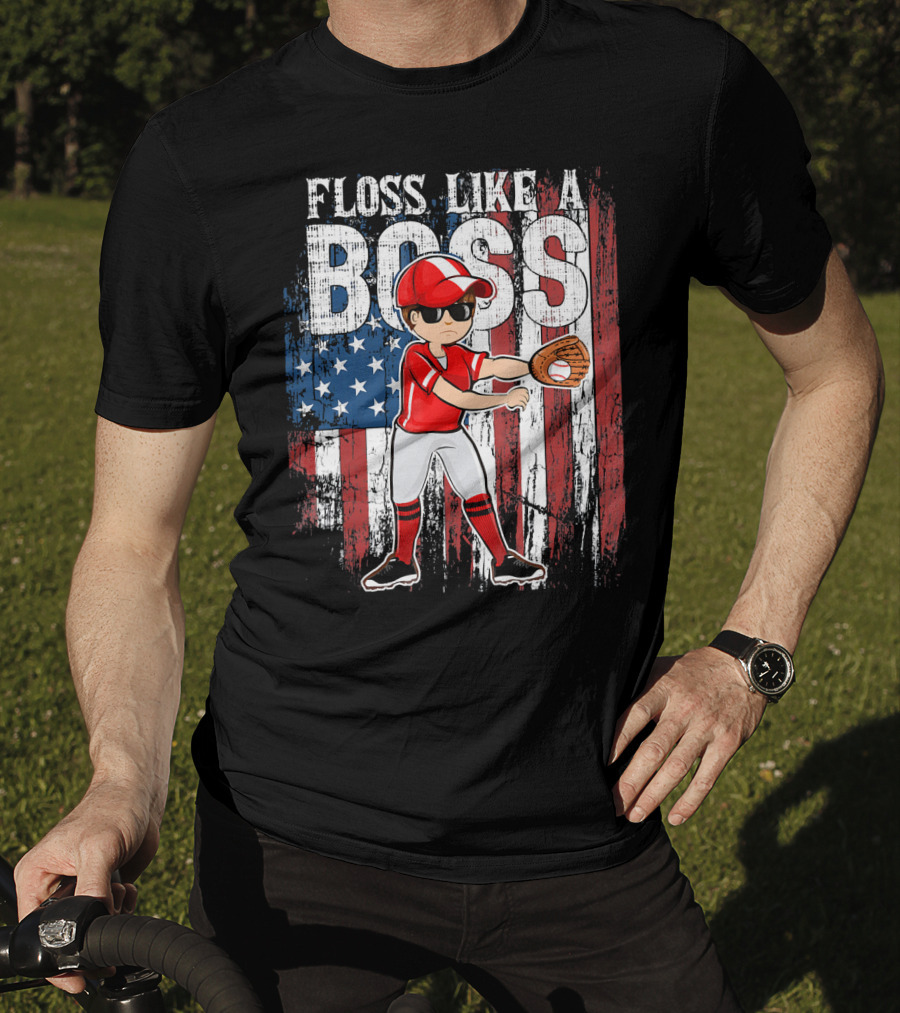 Floss Like A Boss American Baseball Spirit With Flag Background T-Shirt