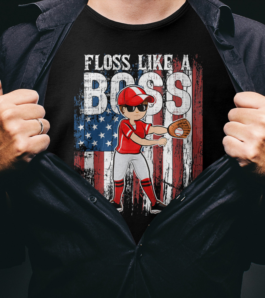 Floss Like A Boss American Baseball Spirit With Flag Background T-Shirt