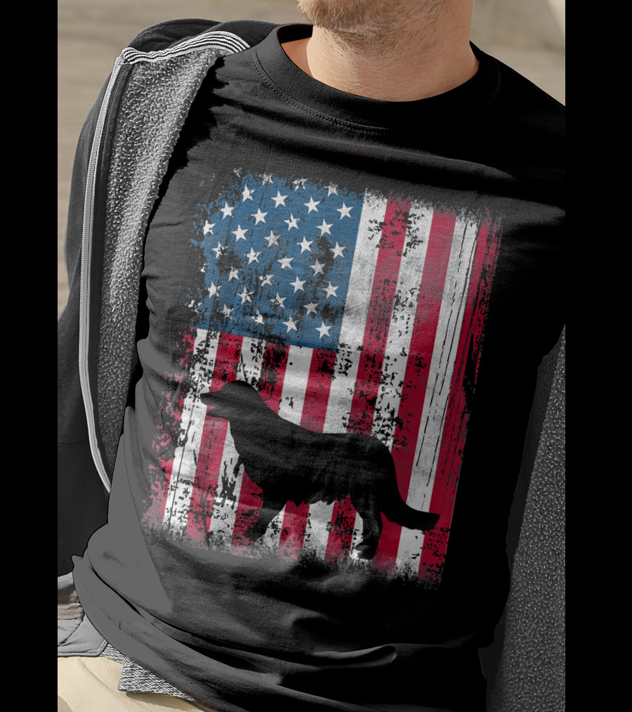 Golden Retriever Silhouette Over American Flag USA T-Shirt