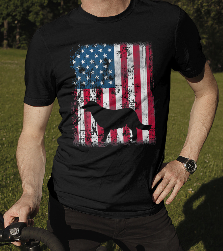 Golden Retriever Silhouette Over American Flag USA T-Shirt