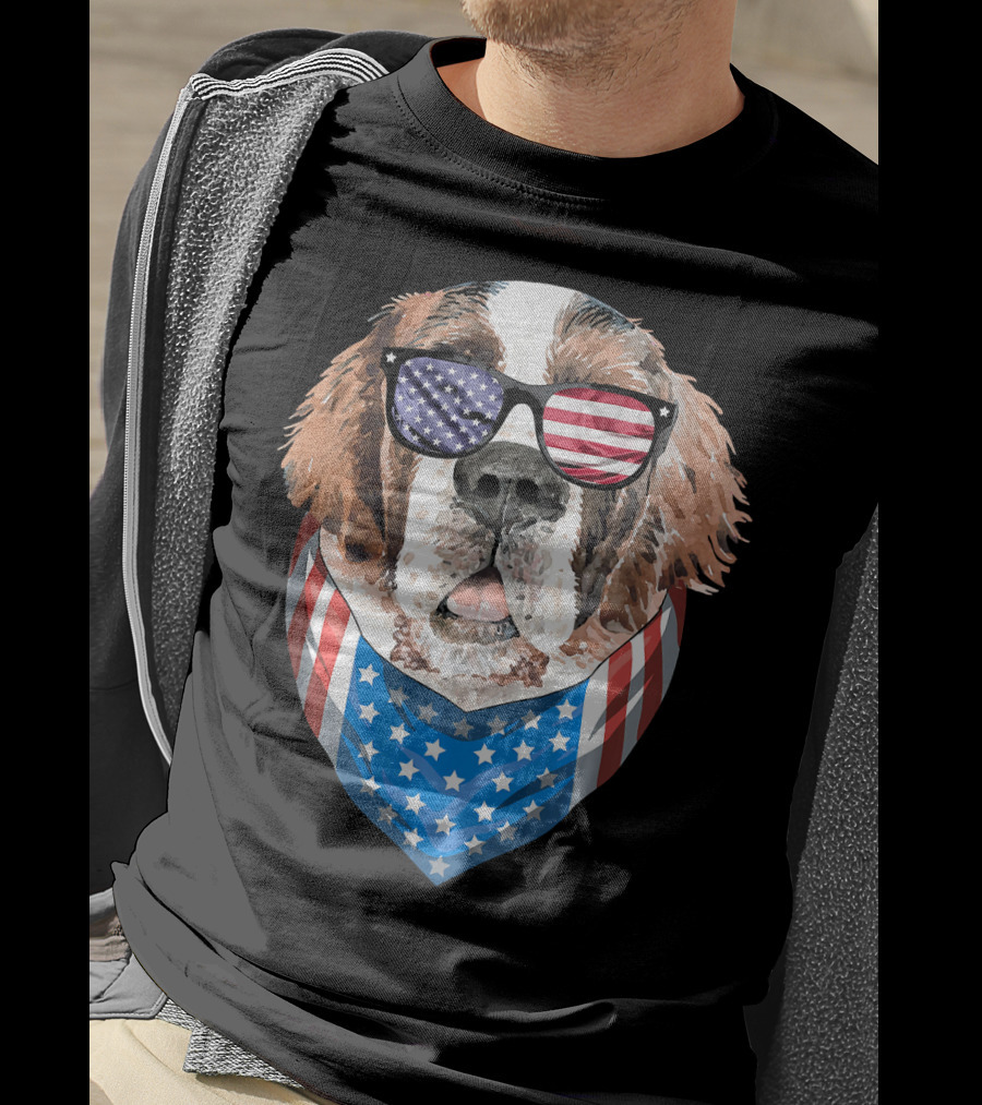 Fourth Of July American Flag Dog Sunglasses Bandana T-Shirt