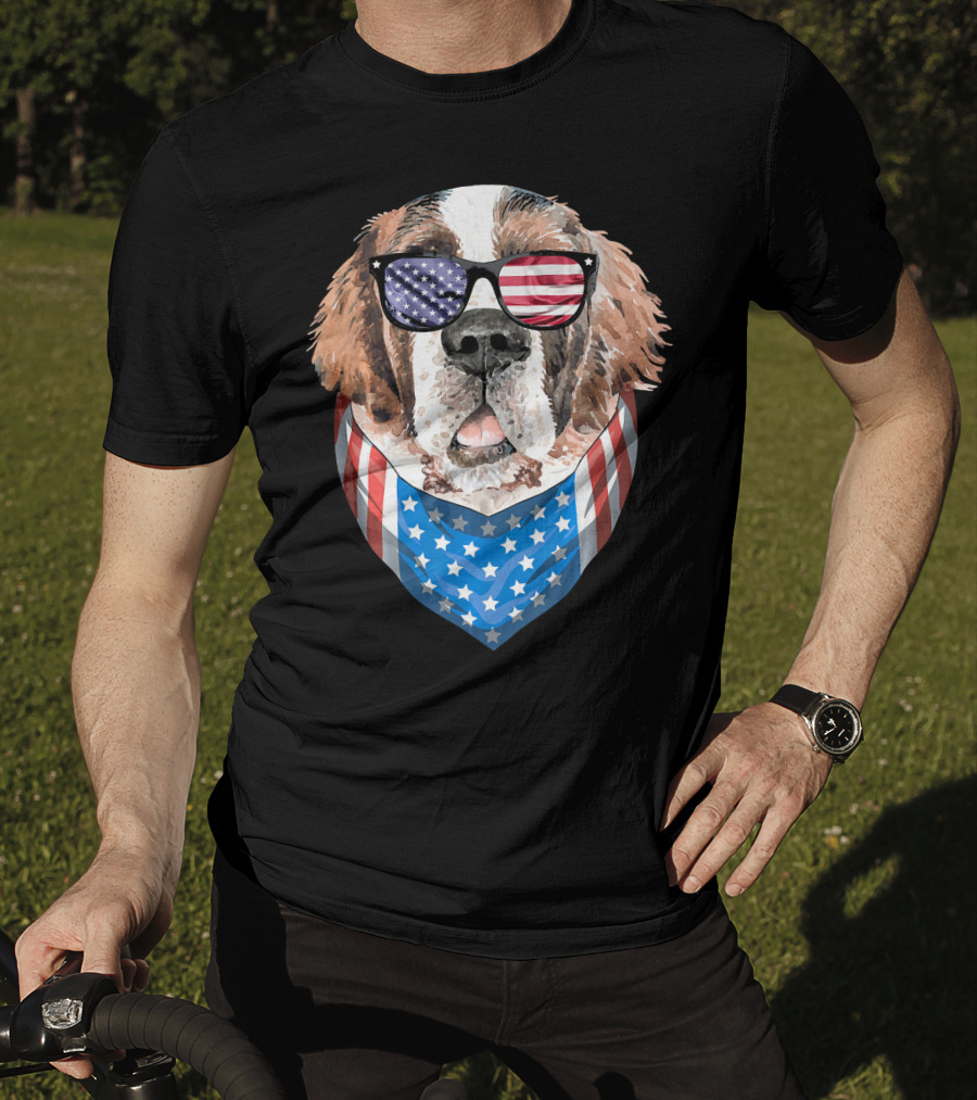 Fourth Of July American Flag Dog Sunglasses Bandana T-Shirt