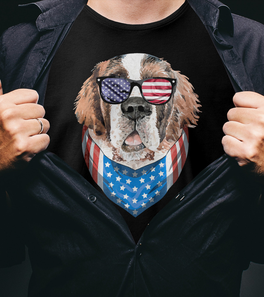 Fourth Of July American Flag Dog Sunglasses Bandana T-Shirt
